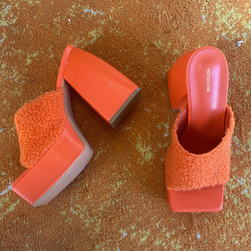 Pretty Little Thing Orange Platform Slip on Fuzzy Heels